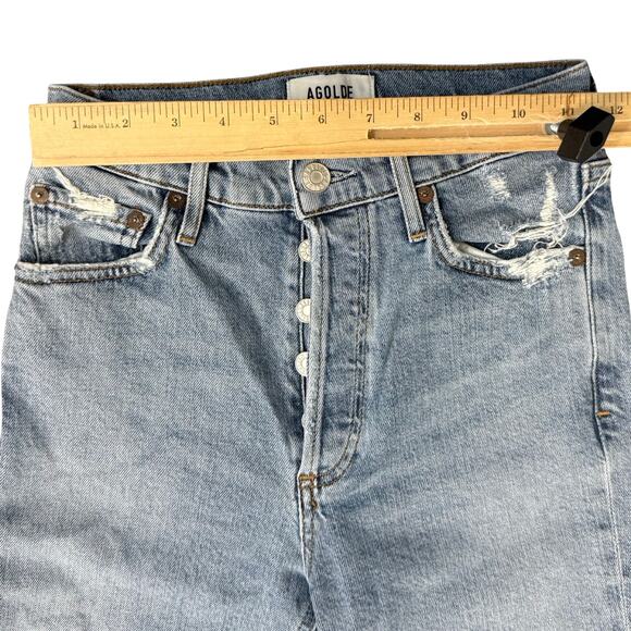 Agolde Nico High Rise Blue Light Wash Chew Hem Distressed Skinny Jeans size 23 - Picture 6 of 11